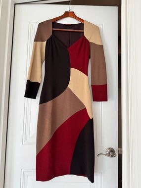 Colorblock Midi Dress in Red, Brown & Cream